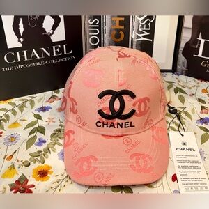 NWT FASHION CHANEL PINK LOGO BASEBALL CAP (CHANEL LOGO THROUGHOUT)